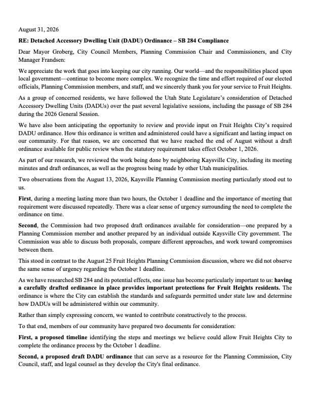 Letter page 1 to Fruit Heights City officials regarding DADU ordinance SB 284 compliance
