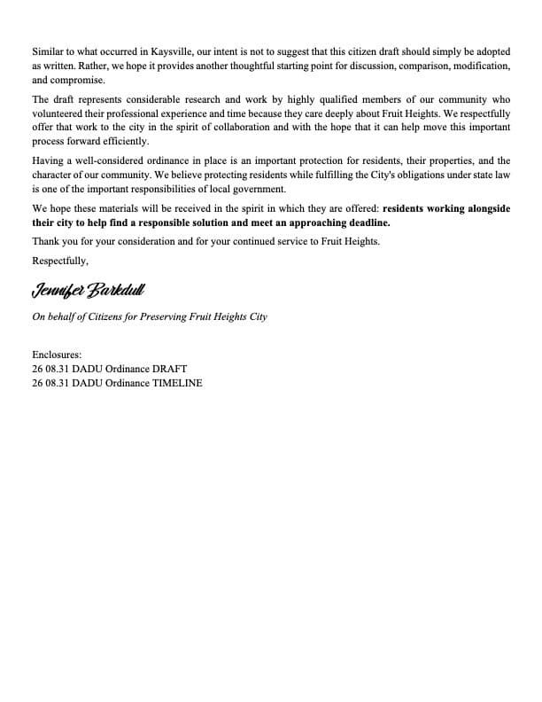 Letter page 2 from Citizens for Preserving Fruit Heights City with DADU ordinance enclosures
