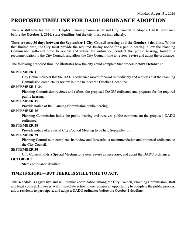 Proposed timeline for Fruit Heights DADU ordinance adoption from September through October 1, 2026