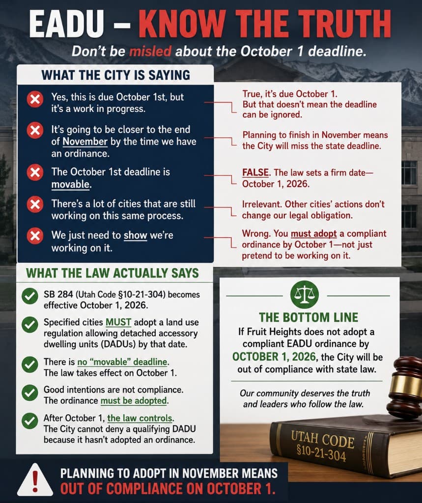 Infographic explaining Utah EADU state law deadline of October 1, 2026 for Fruit Heights