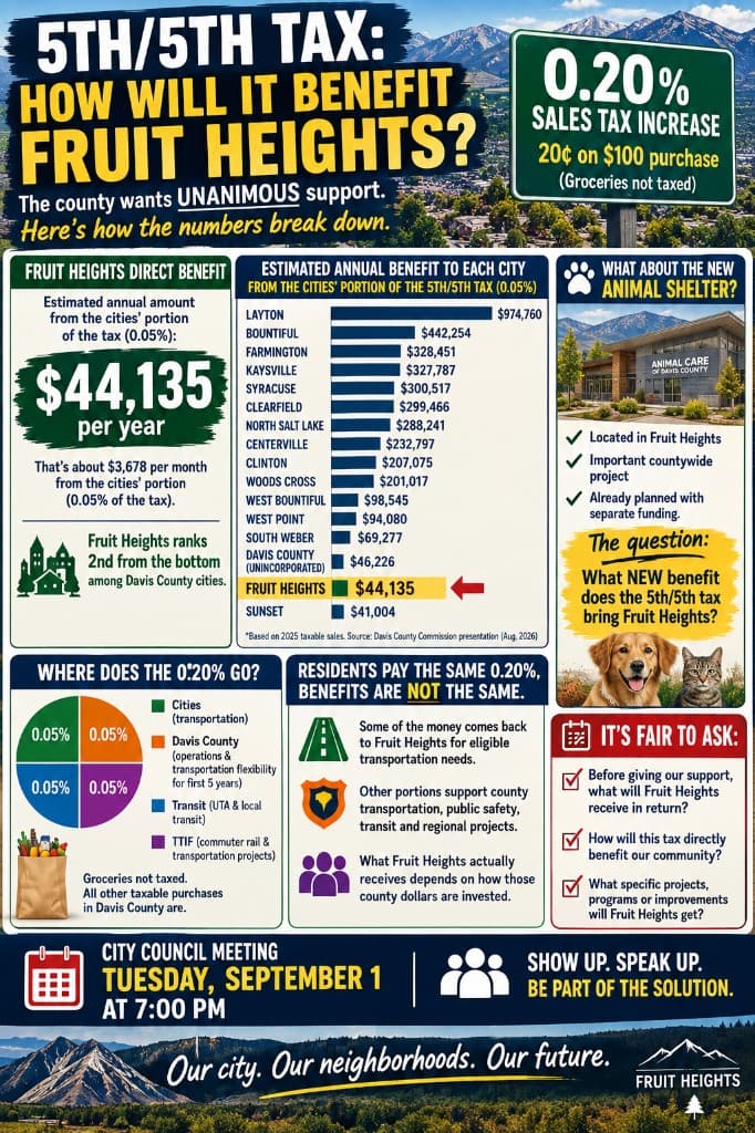 Infographic comparing estimated annual 5th/5th tax benefits to Fruit Heights versus other Davis County cities