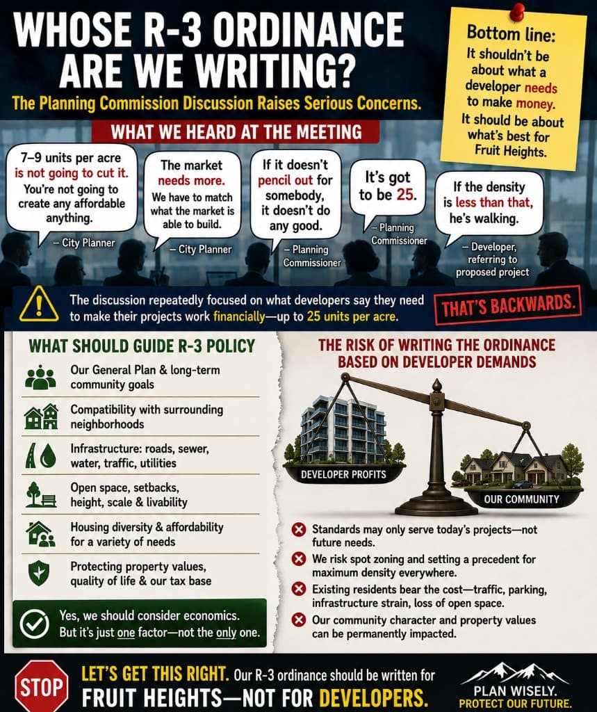 Infographic contrasting developer demands with community needs for the Fruit Heights R-3 ordinance