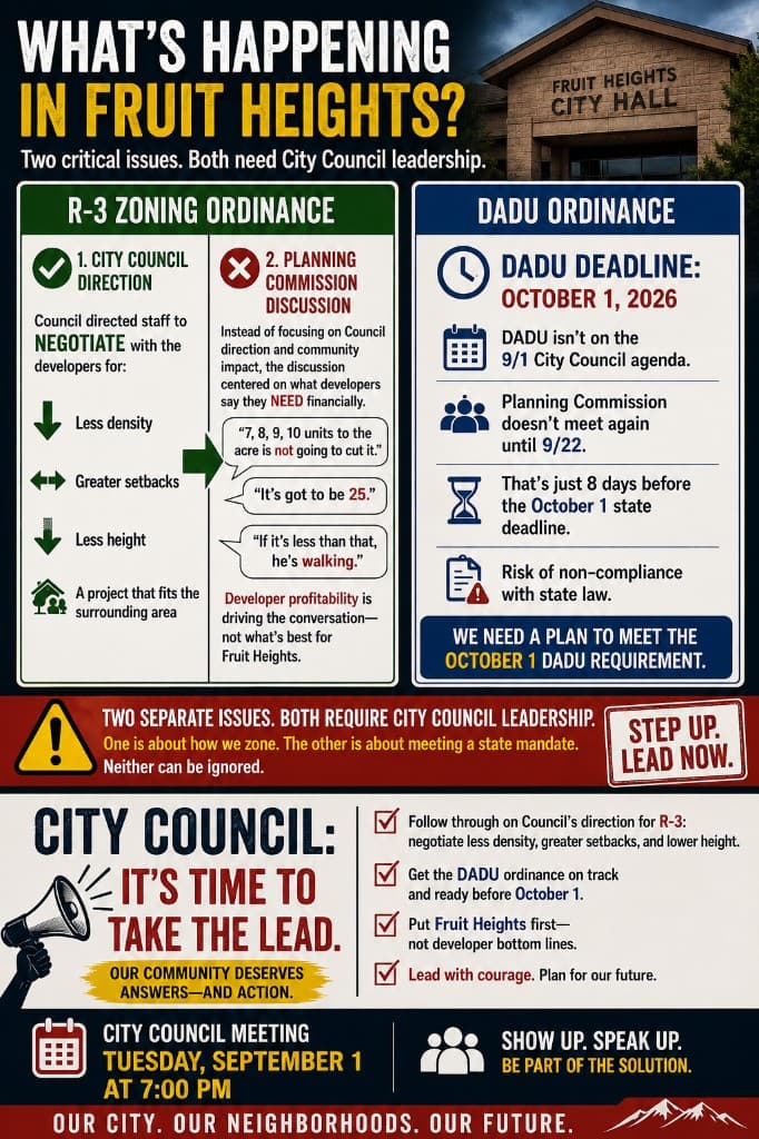 Infographic summarizing R-3 zoning and DADU ordinance issues facing Fruit Heights City Council